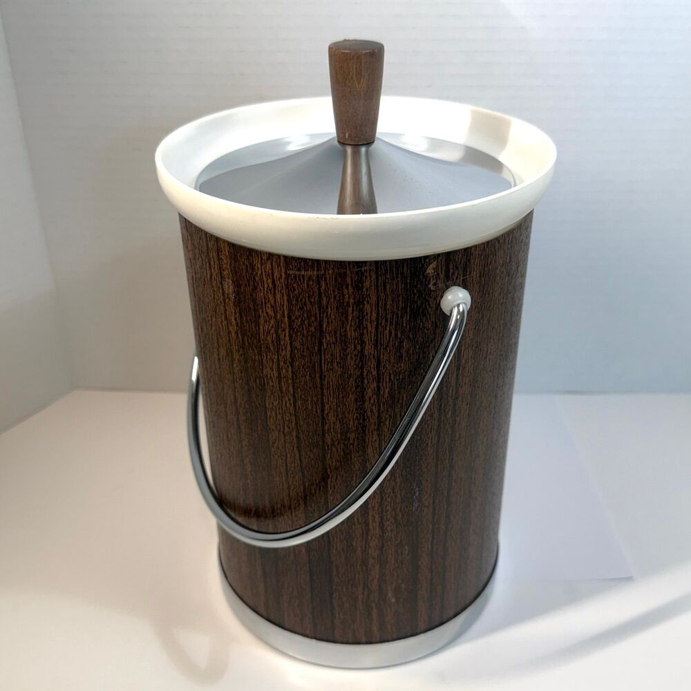 Vintage Kromex Faux Wood Grain Ice Bucket Chrome Stainless Steel Lid MCM Barware